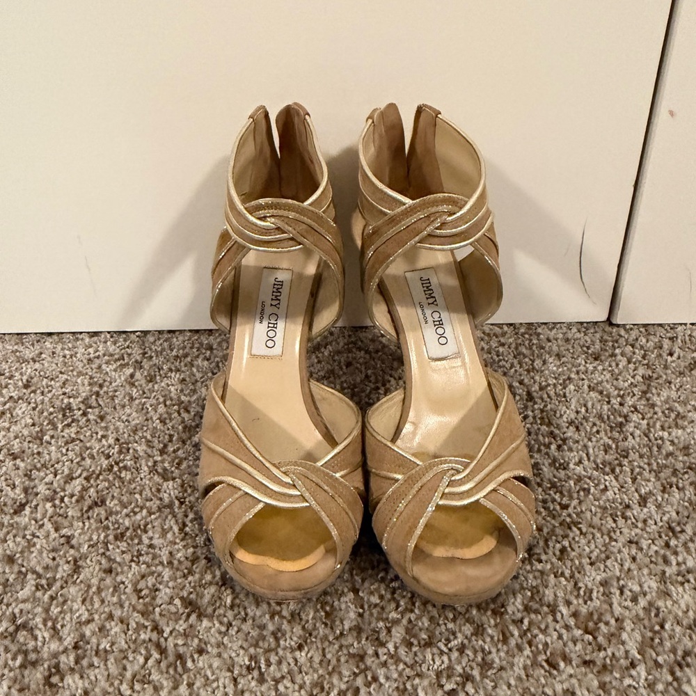Jimmy Choo Women's Beige and Gold Strappy Heels